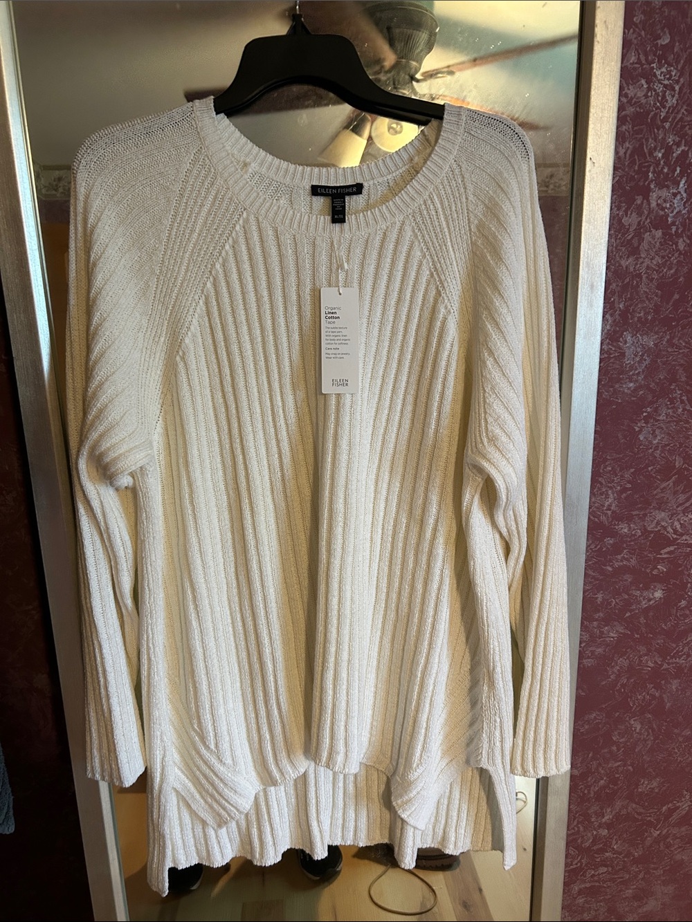 Eileen Fisher 100% cotton Cream Ribbed Scoop-Neck Sweater
